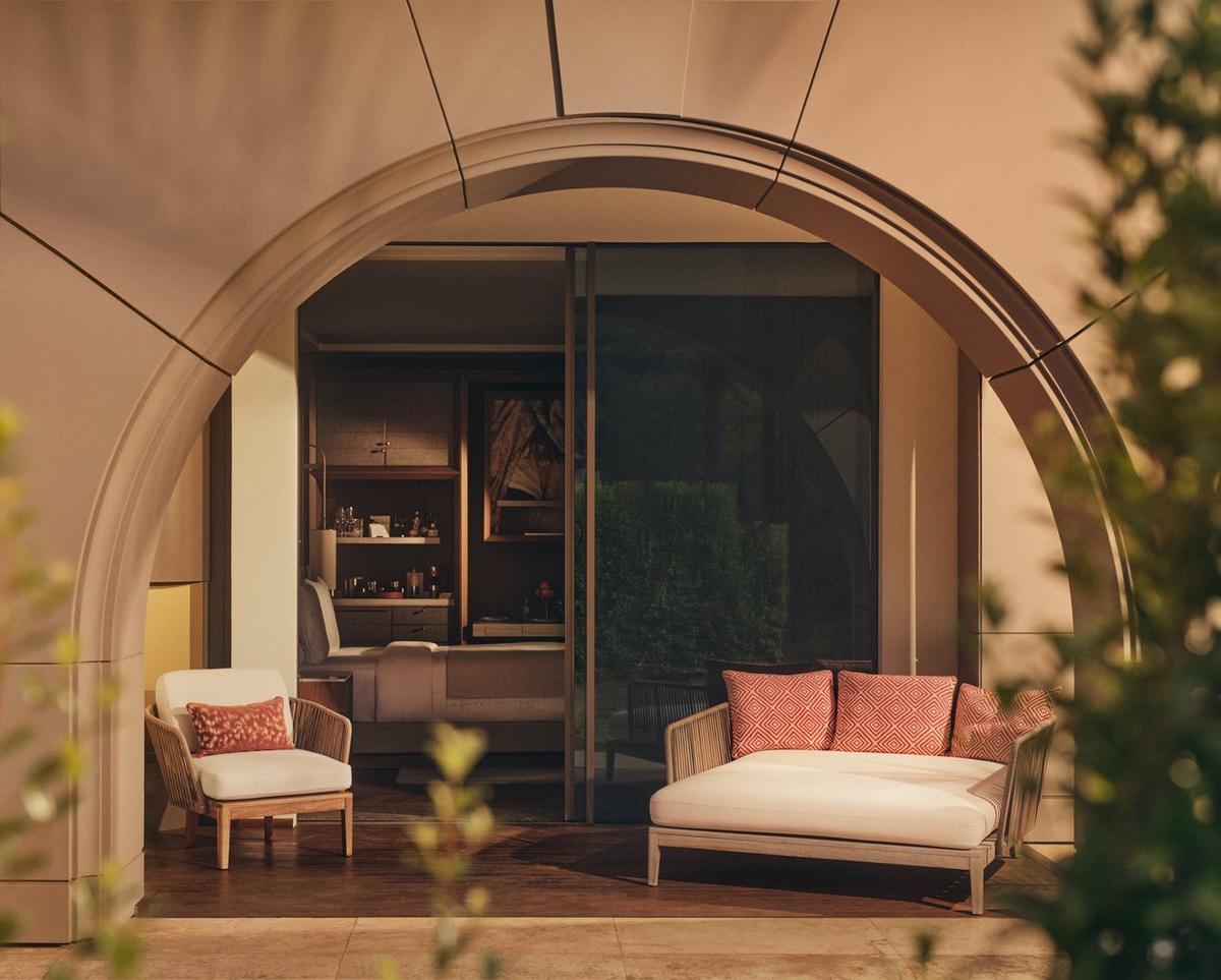 One&Only Portonovi - Bay-view suite terrace with a daybed and lounge chairs