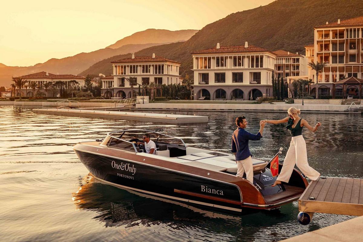 One&Only Portonovi - The resort's own boat, Bianca, docked at the marina at sunset